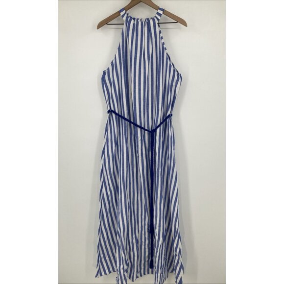 Loft Striped Linen Blend Belted Halter Maxi Dress Women 16 Blue White Nautical - Picture 3 of 12